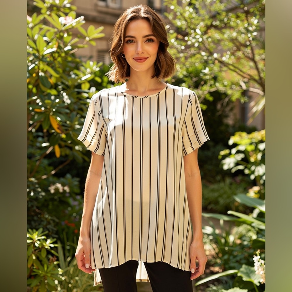 DR2 Cream Black Striped Short Sleeve Split Neck Blouse Size M
